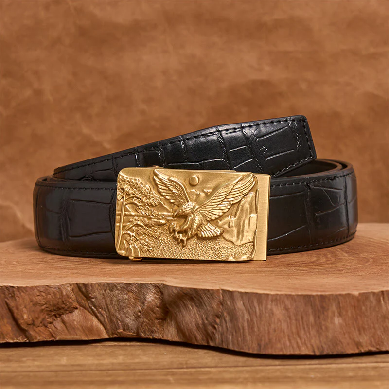 Men's Golden Eagle Carved Metal Automatic Buckle Leather Belt - Image 3