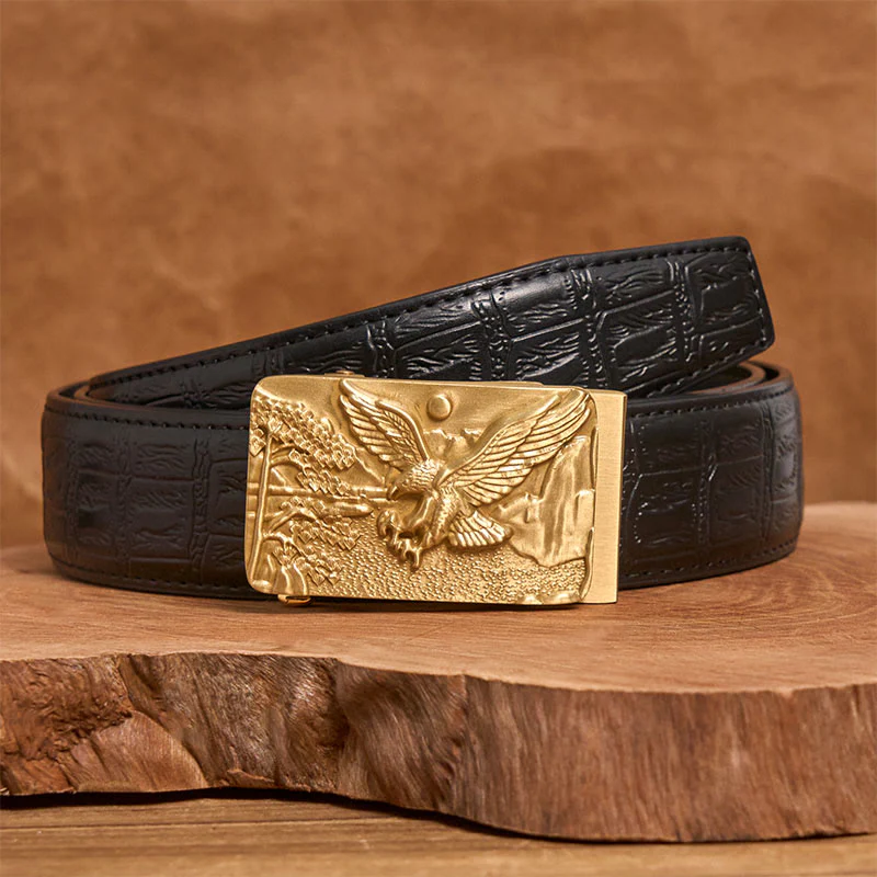 Men's Golden Eagle Carved Metal Automatic Buckle Leather Belt - Image 5