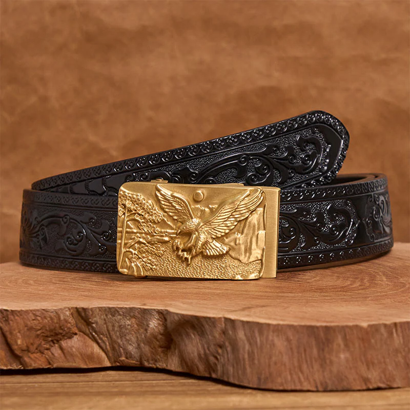 Men's Golden Eagle Carved Metal Automatic Buckle Leather Belt - Image 6