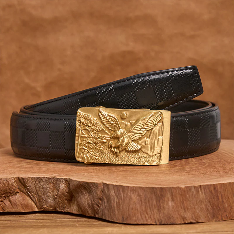 Men's Golden Eagle Carved Metal Automatic Buckle Leather Belt - Image 7