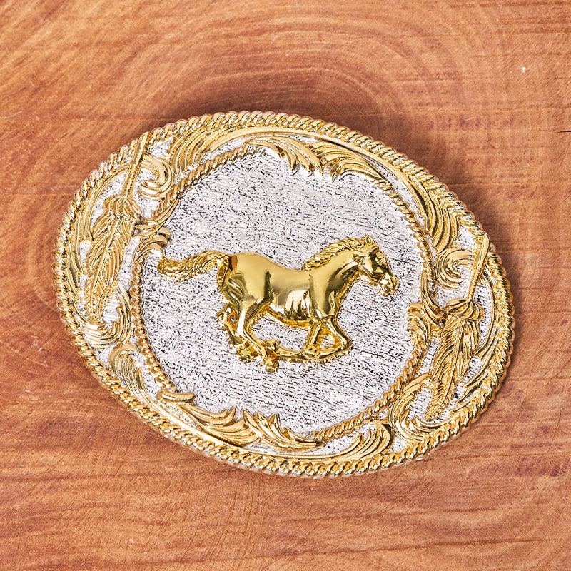 Men's Golden Galloping Horse Oval Buckle Leather Belt - Image 2