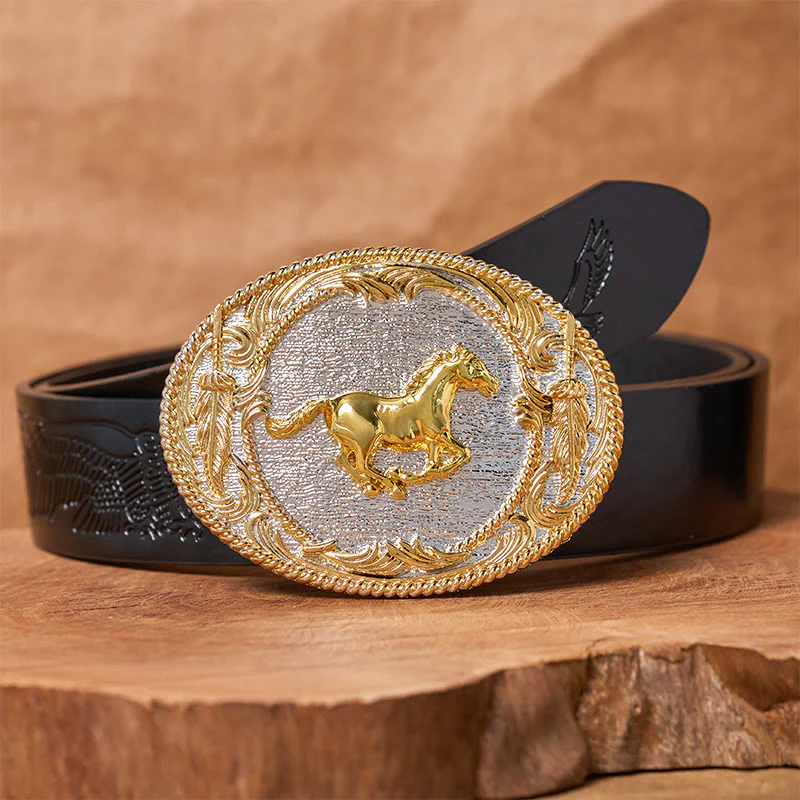Men's Golden Galloping Horse Oval Buckle Leather Belt - Image 3