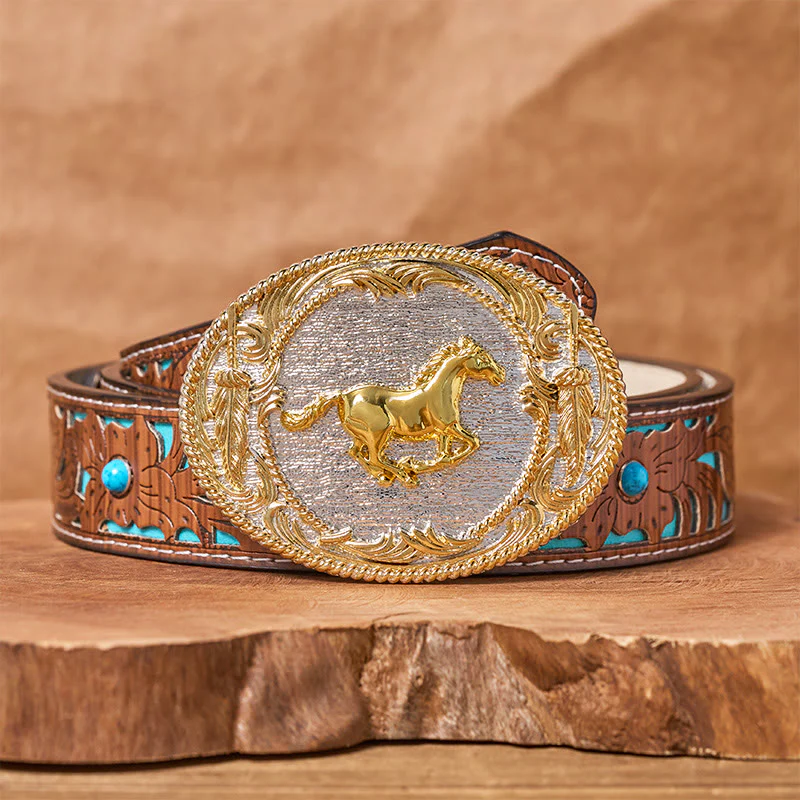 Men's Golden Galloping Horse Oval Buckle Leather Belt - Image 4