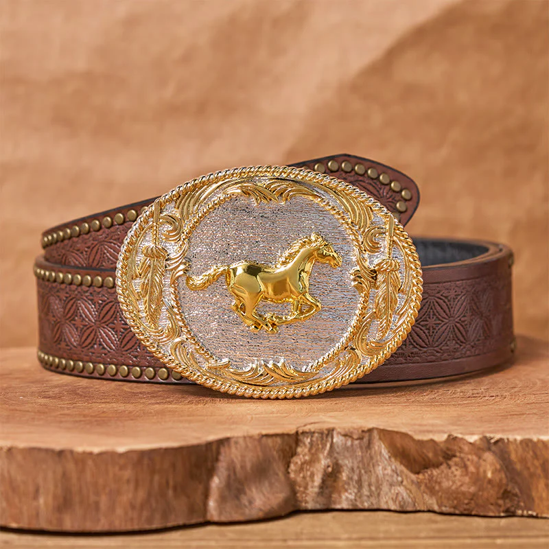 Men's Golden Galloping Horse Oval Buckle Leather Belt - Image 5