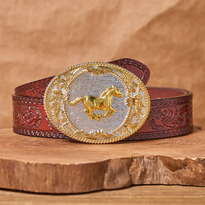 Men's Golden Galloping Horse Oval Buckle Leather Belt - Image 7