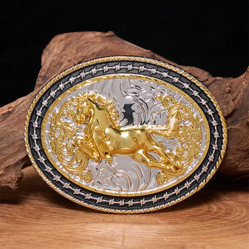 Men's Golden Galloping Horse Oval Carved Buckle Leather Belt