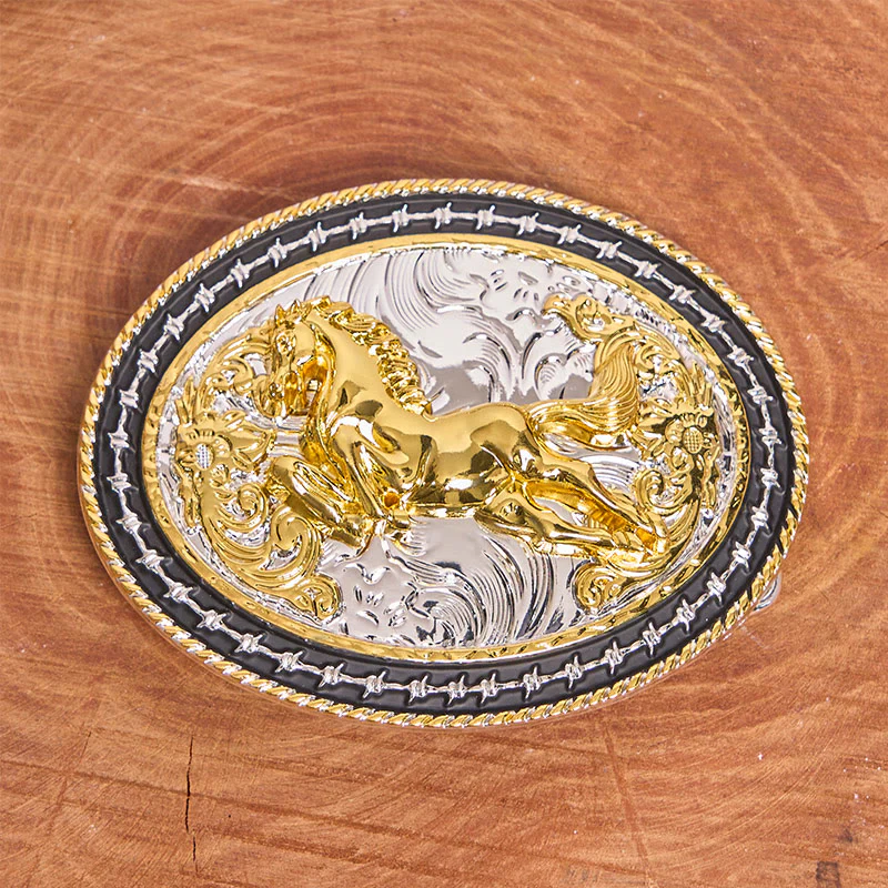 Men's Golden Galloping Horse Oval Carved Buckle Leather Belt - Image 2