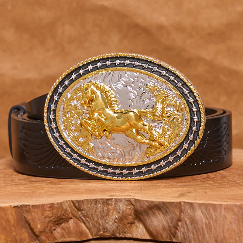 Men's Golden Galloping Horse Oval Carved Buckle Leather Belt - Image 3
