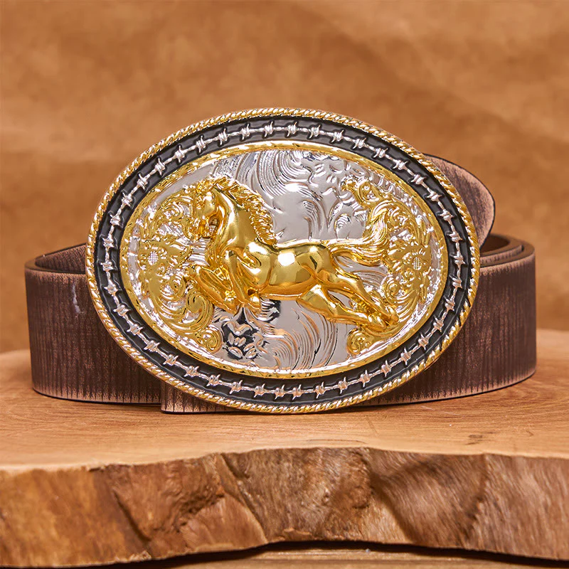 Men's Golden Galloping Horse Oval Carved Buckle Leather Belt - Image 6