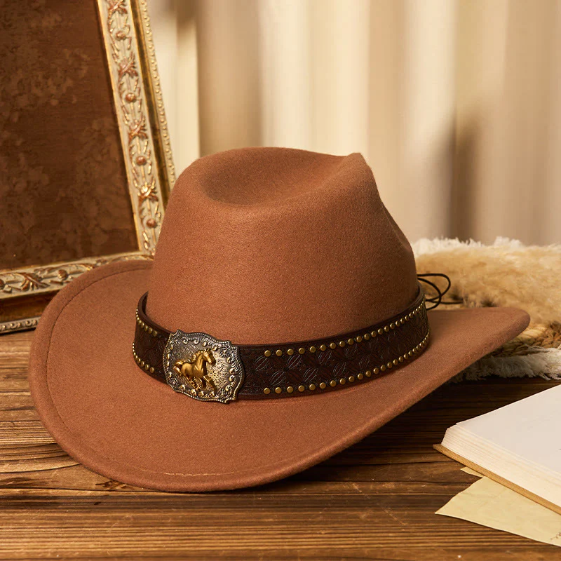 Men's Golden Horse Buckle Brim Rivet Belt Cowboy Hat