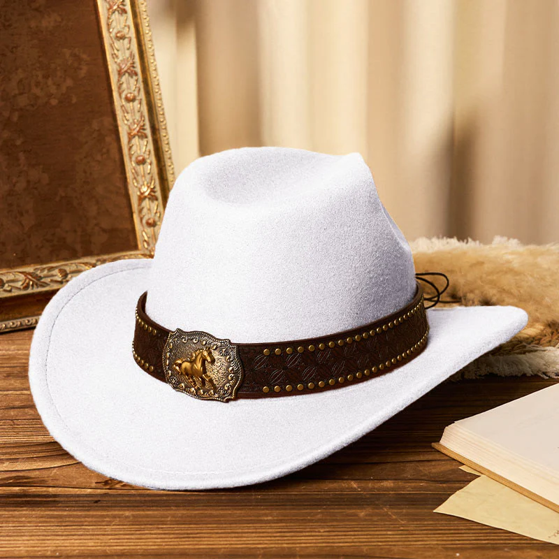 Men's Golden Horse Buckle Brim Rivet Belt Cowboy Hat - Image 10