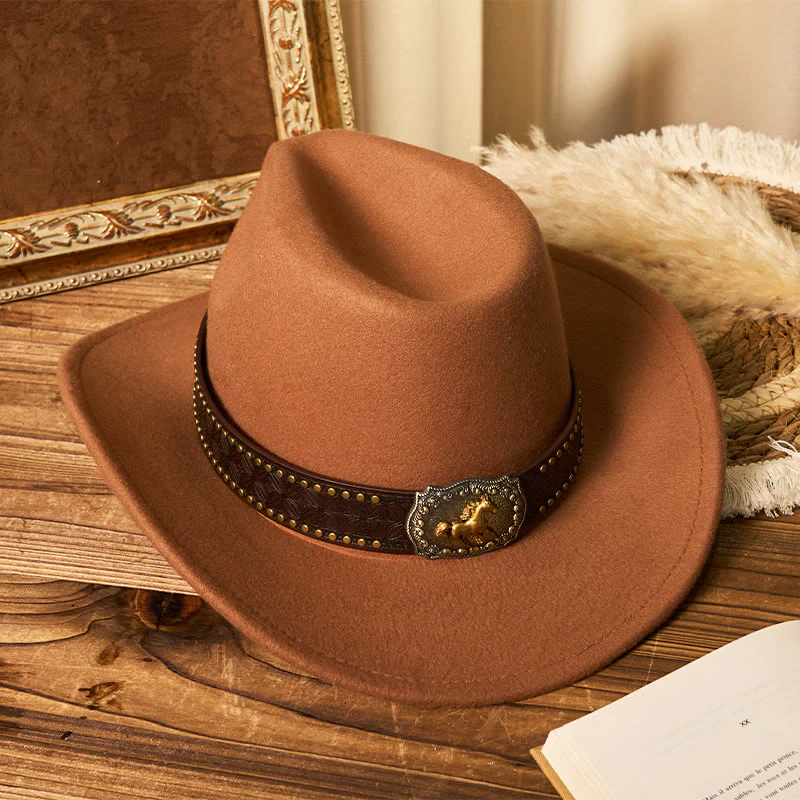 Men's Golden Horse Buckle Brim Rivet Belt Cowboy Hat - Image 2