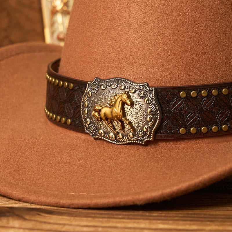 Men's Golden Horse Buckle Brim Rivet Belt Cowboy Hat - Image 3