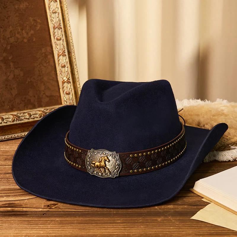Men's Golden Horse Buckle Brim Rivet Belt Cowboy Hat - Image 4