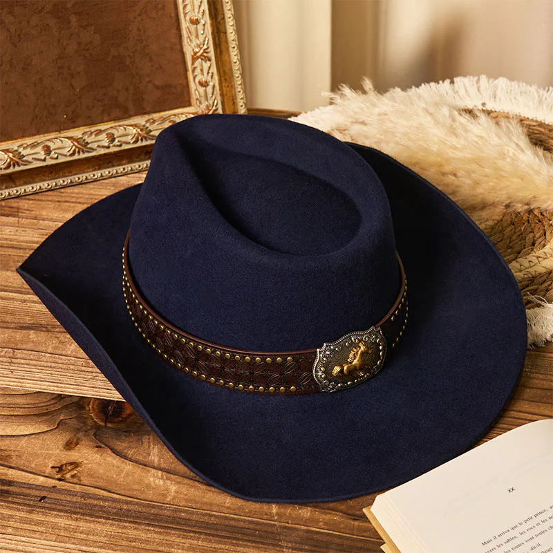 Men's Golden Horse Buckle Brim Rivet Belt Cowboy Hat - Image 5