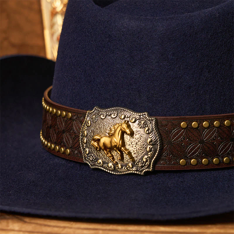 Men's Golden Horse Buckle Brim Rivet Belt Cowboy Hat - Image 6