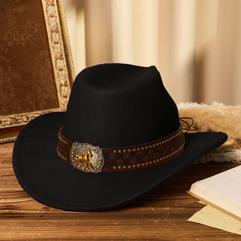 Men's Golden Horse Buckle Brim Rivet Belt Cowboy Hat - Image 7
