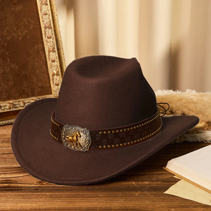 Men's Golden Horse Buckle Brim Rivet Belt Cowboy Hat - Image 8