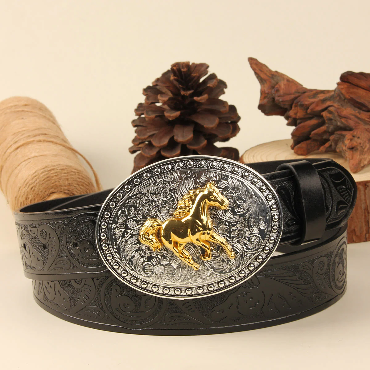 Men's Golden Horse Silver Oval Buckle Embossed Leather Belt