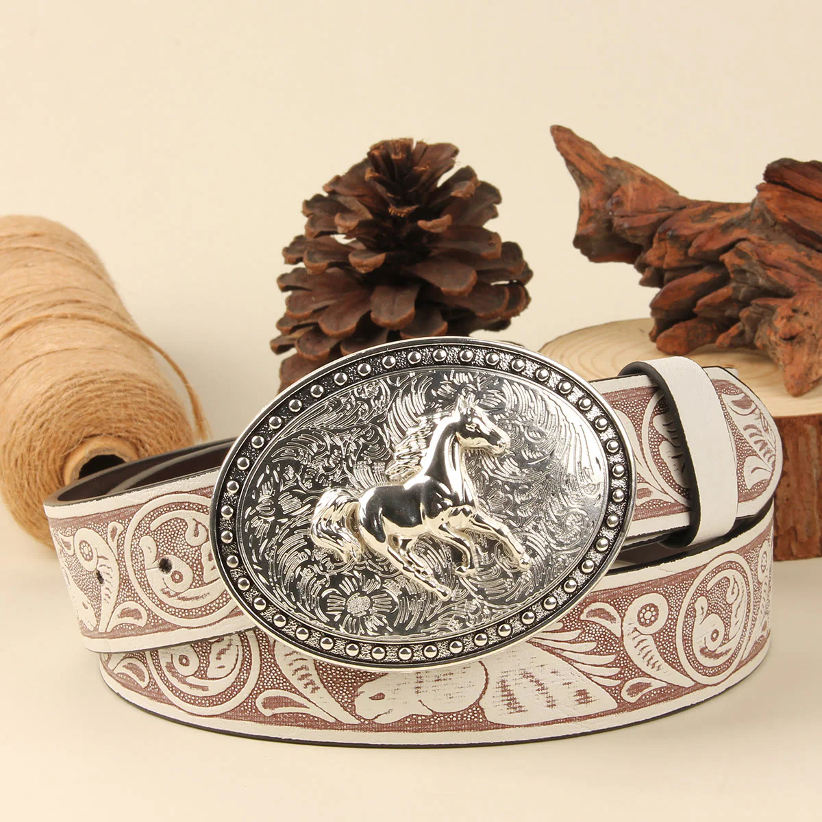 Men's Golden Horse Silver Oval Buckle Embossed Leather Belt - Image 6