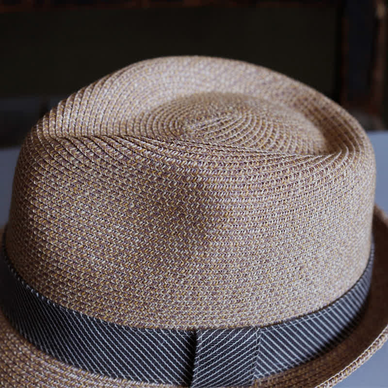 Men's Graceful Striped Ribbon Beach Straw Fedora Hat - Image 8