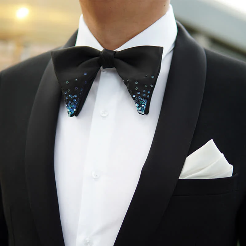 Men's Gradient Blue Sequin Oversized Pointed Bow Tie - Image 4