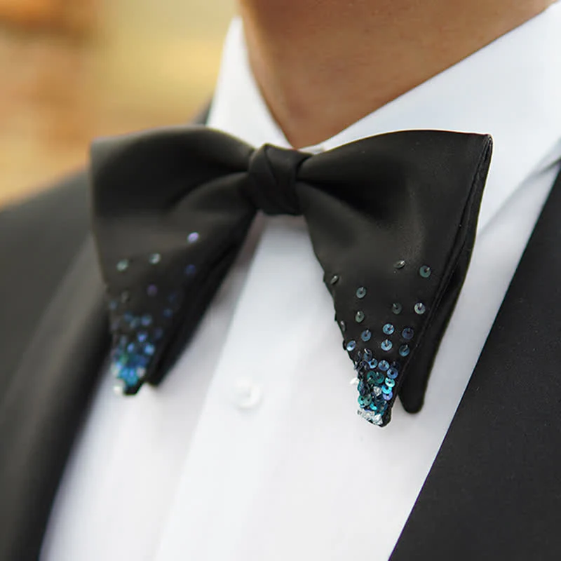 Men's Gradient Blue Sequin Oversized Pointed Bow Tie - Image 5