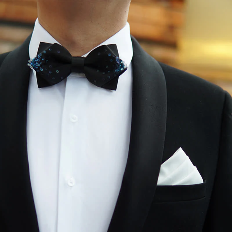 Men's Gradient Blue Sequin Pointy Bow Tie - Image 5