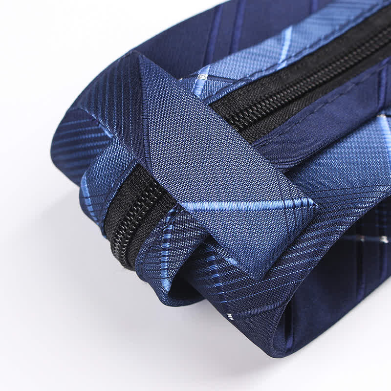 Men's Gradient Navy Blue Zipper Tie Plaid Necktie - Image 5