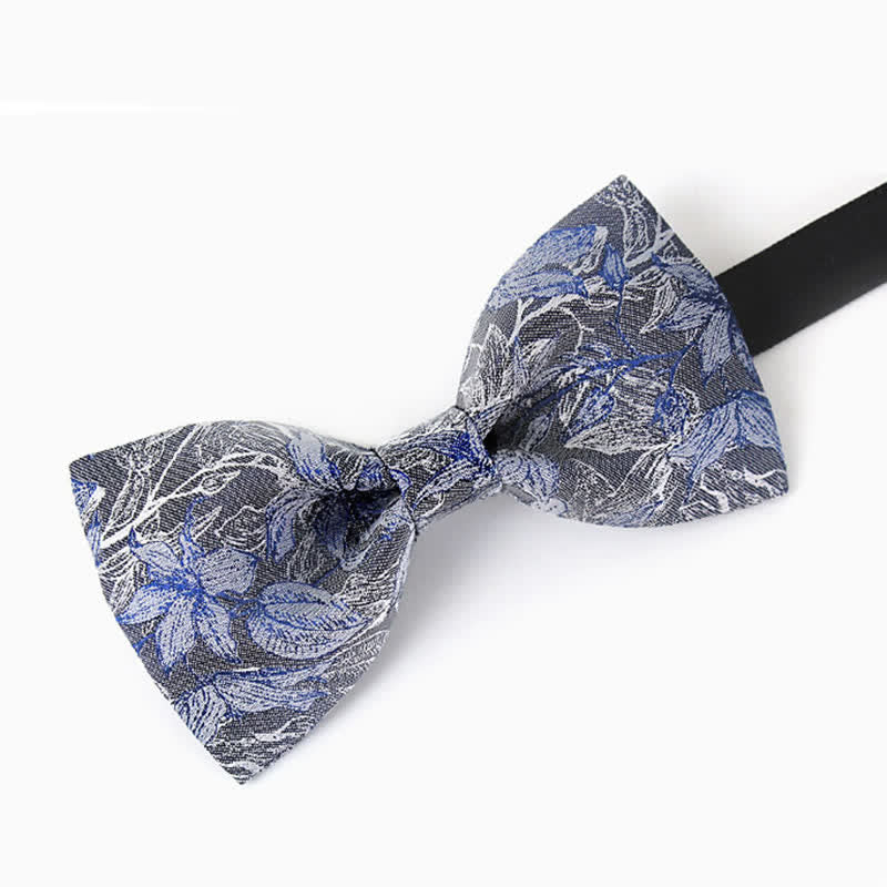 Men's Gray & Blue Flower Leaves Silk Bow Tie - Image 2