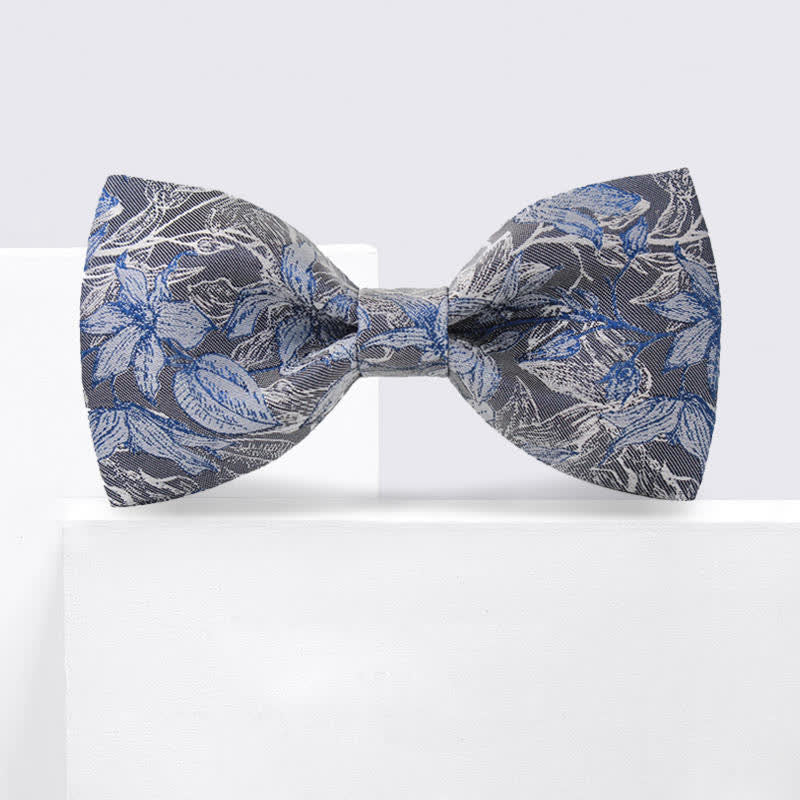 Men's Gray & Blue Flower Leaves Silk Bow Tie - Image 3