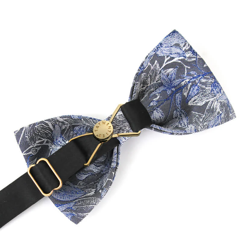 Men's Gray & Blue Flower Leaves Silk Bow Tie - Image 5