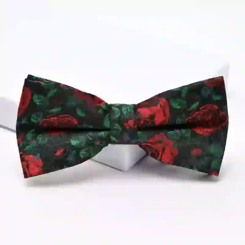 Men's Green Leaves & Red Rose Print Bow Tie Necktie - Image 8