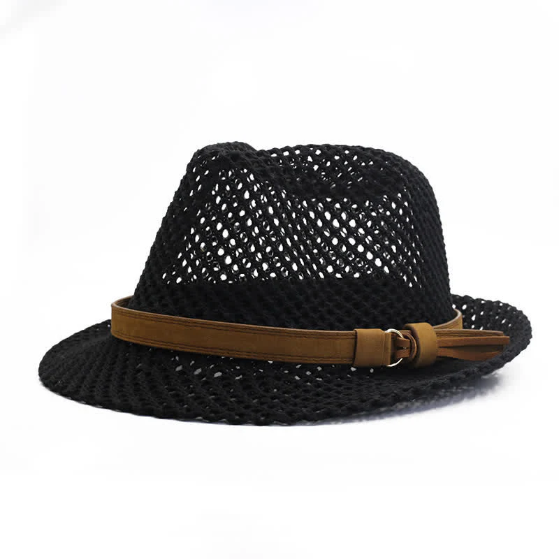 Men's Hand-Woven Casual Band Hollow Out Straw Fedora Hat - Image 2