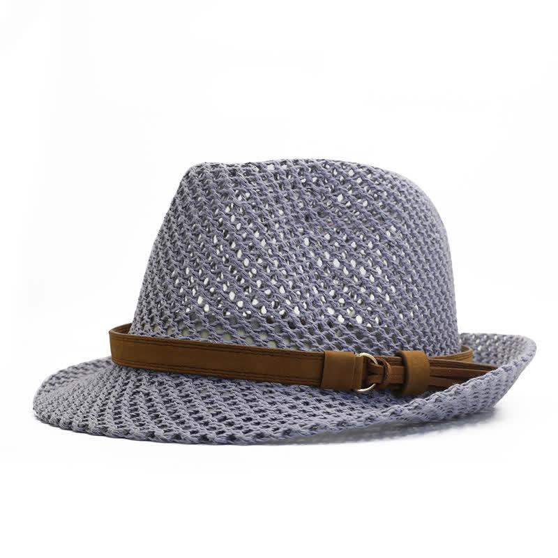 Men's Hand-Woven Casual Band Hollow Out Straw Fedora Hat - Image 3