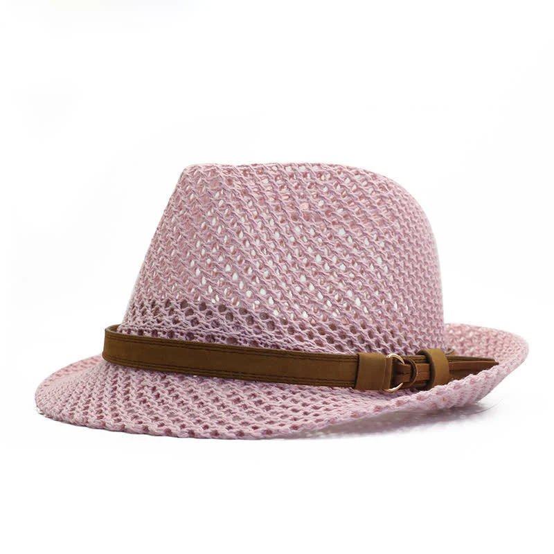 Men's Hand-Woven Casual Band Hollow Out Straw Fedora Hat - Image 4