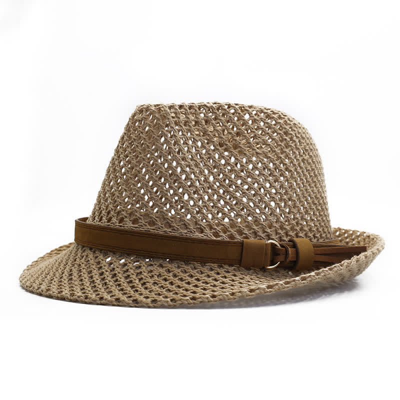 Men's Hand-Woven Casual Band Hollow Out Straw Fedora Hat - Image 5