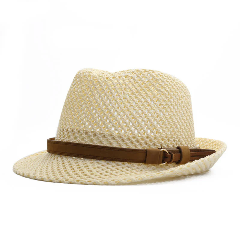 Men's Hand-Woven Casual Band Hollow Out Straw Fedora Hat - Image 6