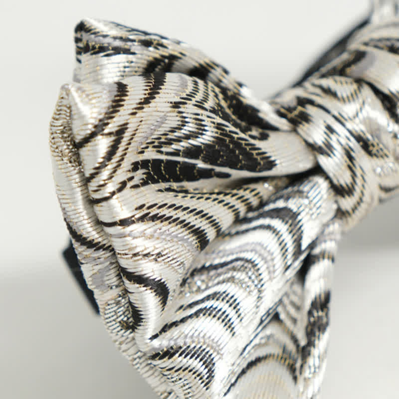 Men's Handmade Shiny Silver Gray Pattern Bow Tie - Image 5