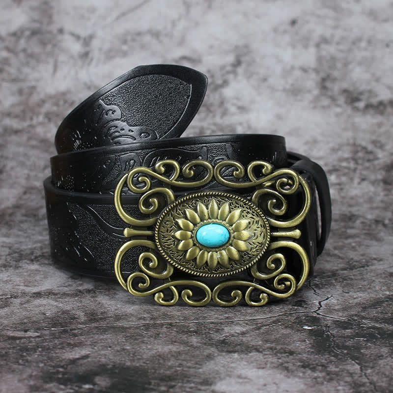 Men's Hollow Out Buckle Turquoise Inlaid Leather Belt - Image 5