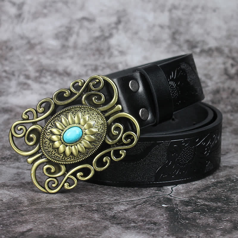 Men's Hollow Out Buckle Turquoise Inlaid Leather Belt - Image 6