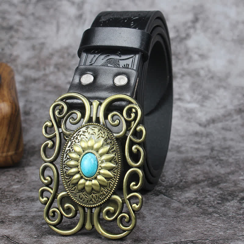 Men's Hollow Out Buckle Turquoise Inlaid Leather Belt - Image 8
