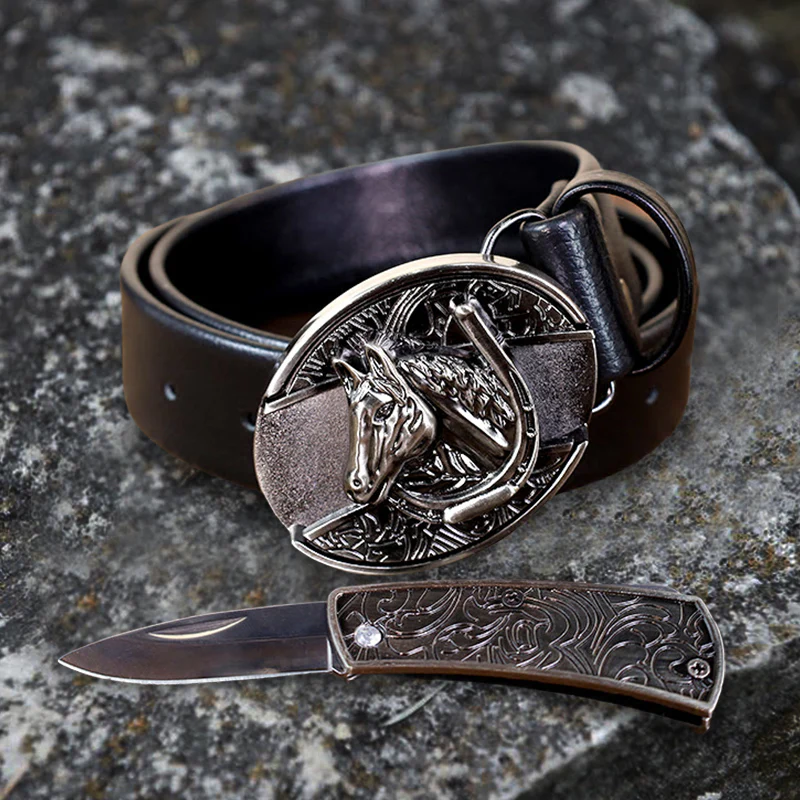 Men's Horse Head Leather Belt With Folding Knife - Image 7