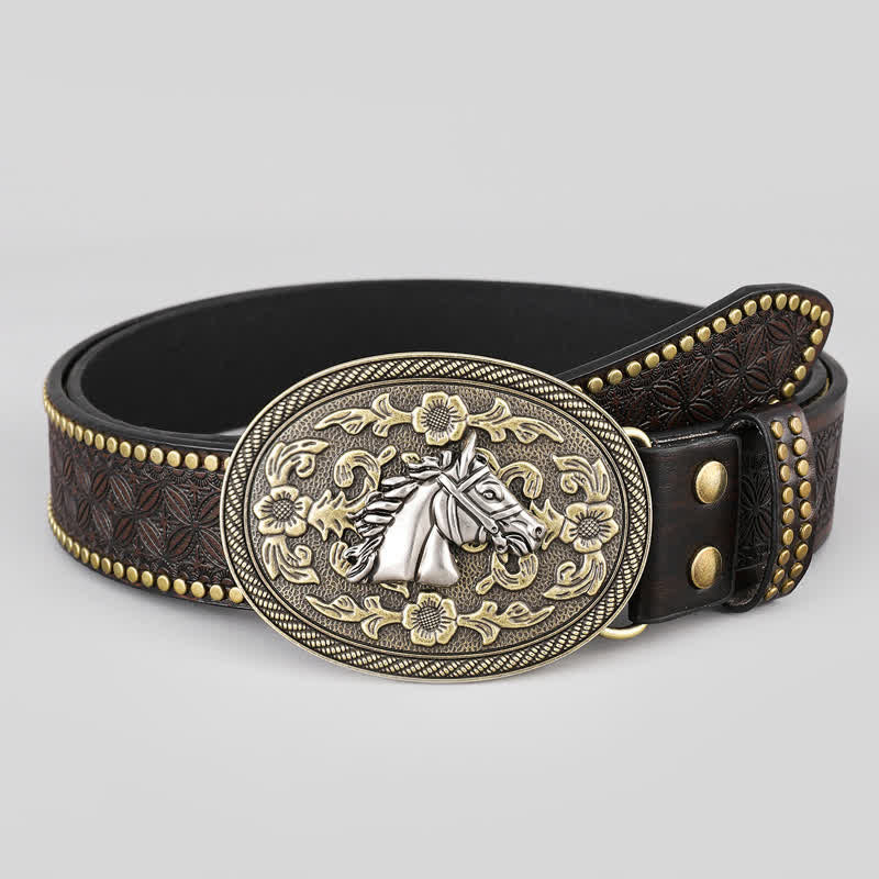 Men's Horse Head Relief Flower Detail Leather Belt - Image 2