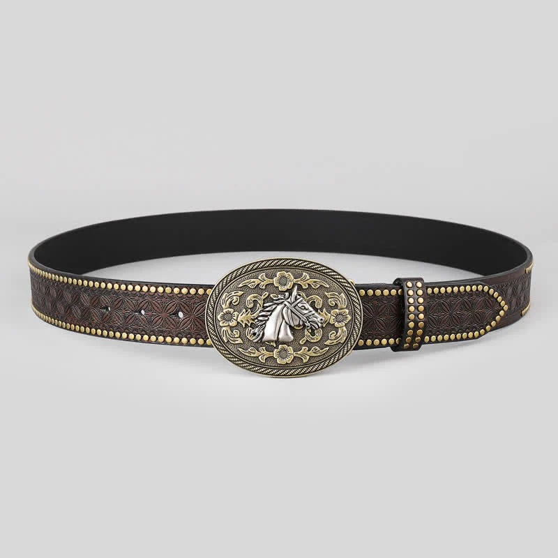Men's Horse Head Relief Flower Detail Leather Belt - Image 3