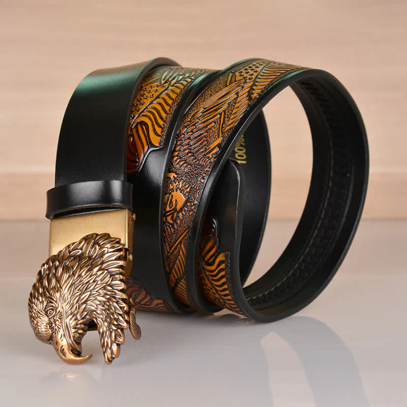 Men's Intricate Eagle Head Automatic Buckle Leather Belt - Image 2