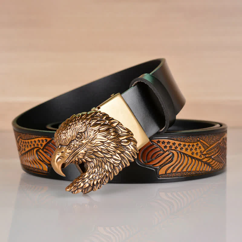 Men's Intricate Eagle Head Automatic Buckle Leather Belt - Image 3