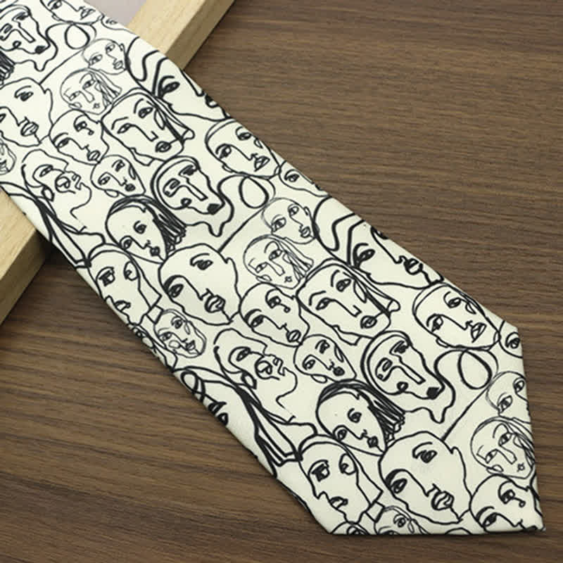 Men's Ivory & Black Abstract Faces Printed Necktie - Image 3