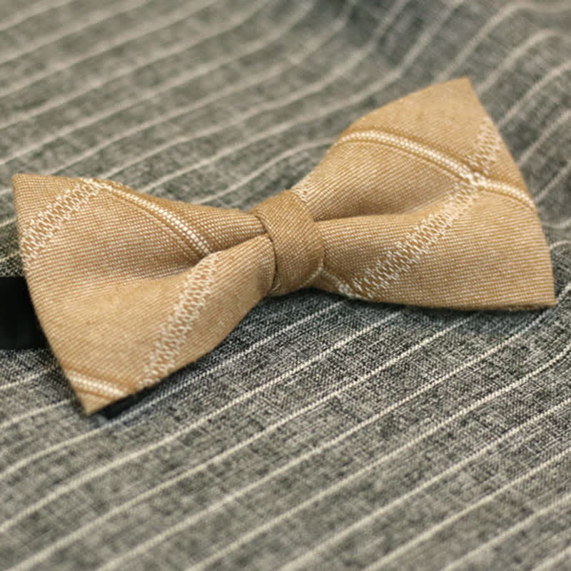 Men's Khaki British Style Plaid Cotton Bow Tie - Image 2
