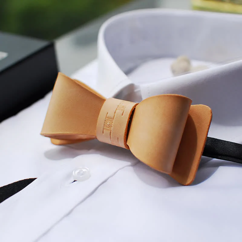 Men's Light Brown Handmade Leather Bow Tie - Image 2